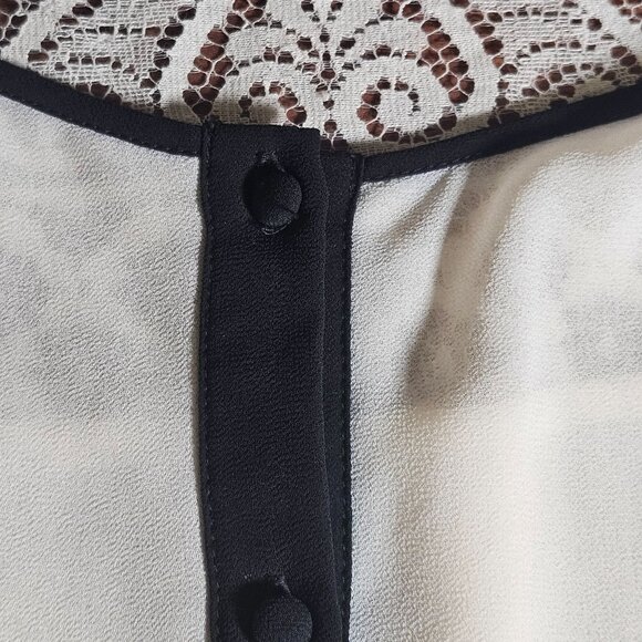 Chloe K Lace Blouse Cream Black Trim Long Sleeve L Coquette Workwear Chic - Picture 5 of 10